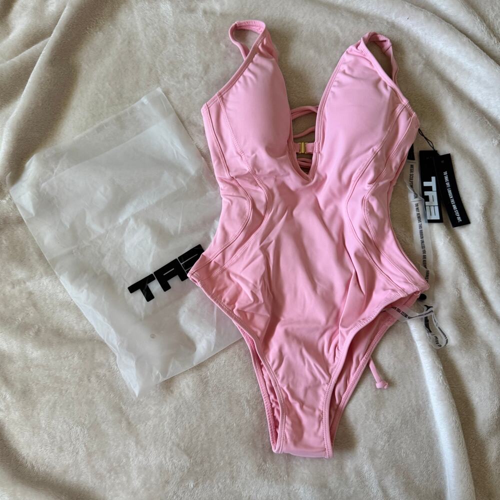 TA3 Flamingo Pink Brazilian Plungey Keyhole Swimsuit X Small Short Bathing Suit